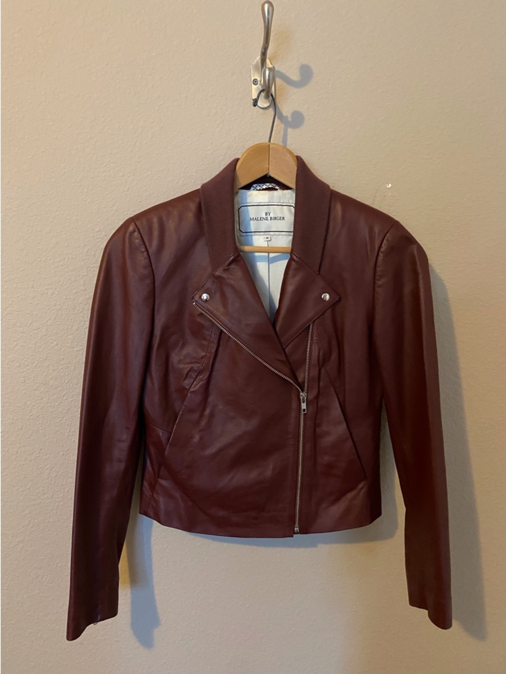 By Malene Birger Burgundy Leather Asymmetrical Zip Jacket